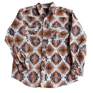 Rock & Roll Denim Orange Aztec Southwestern Print Pearl Snap Modern Fit Sz Large